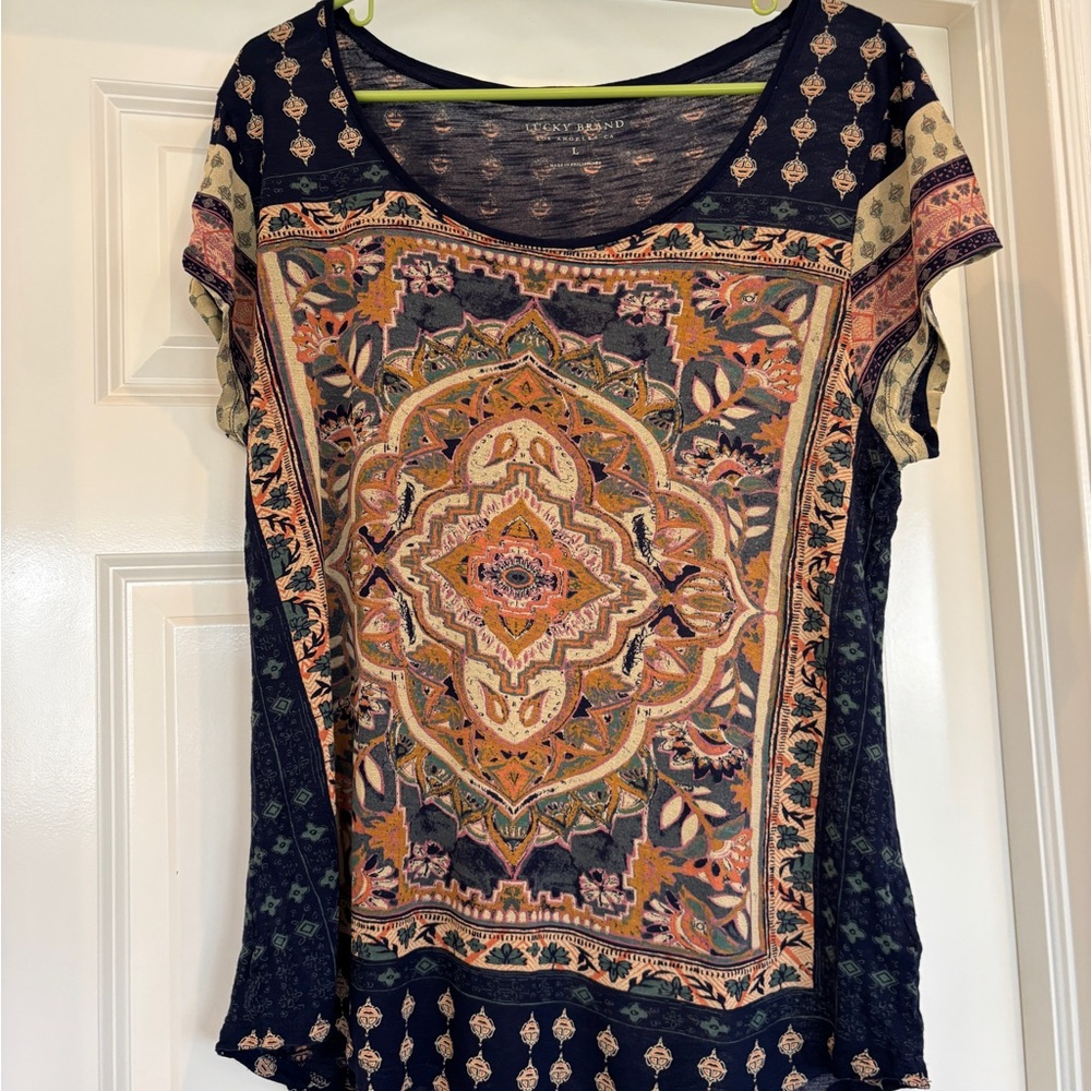 Lucky Brand Blue Multicolor Medallion Short Sleeve Tee